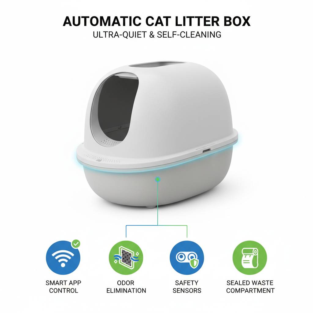 Product features infographic showing WiFi, odor control and safety sensors