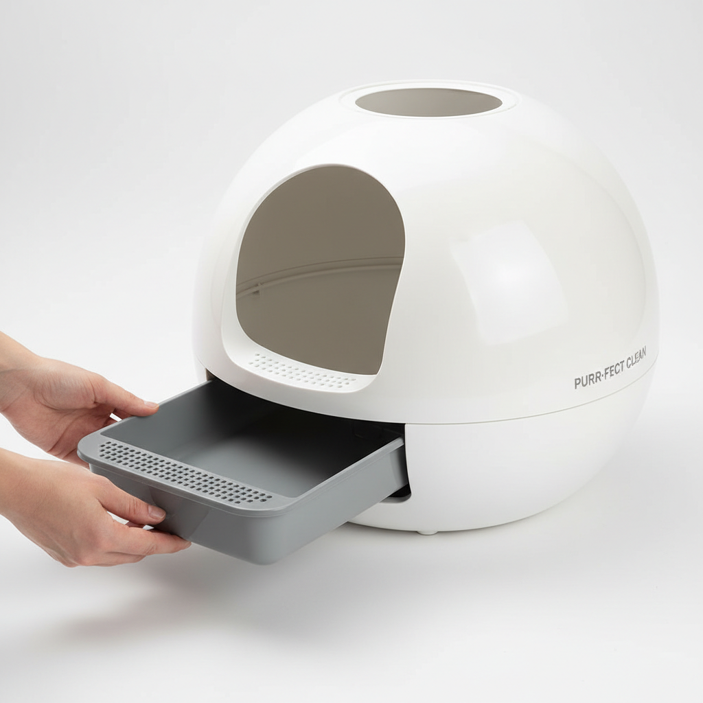 Removable washable tray being cleaned from automatic litter box