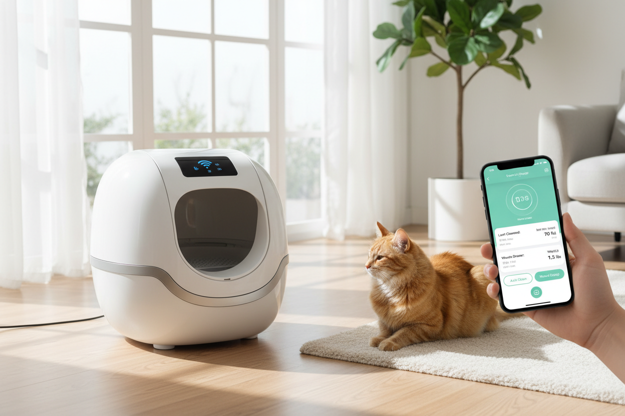 BCHARYA smart automatic cat litter box with WiFi app control in modern home