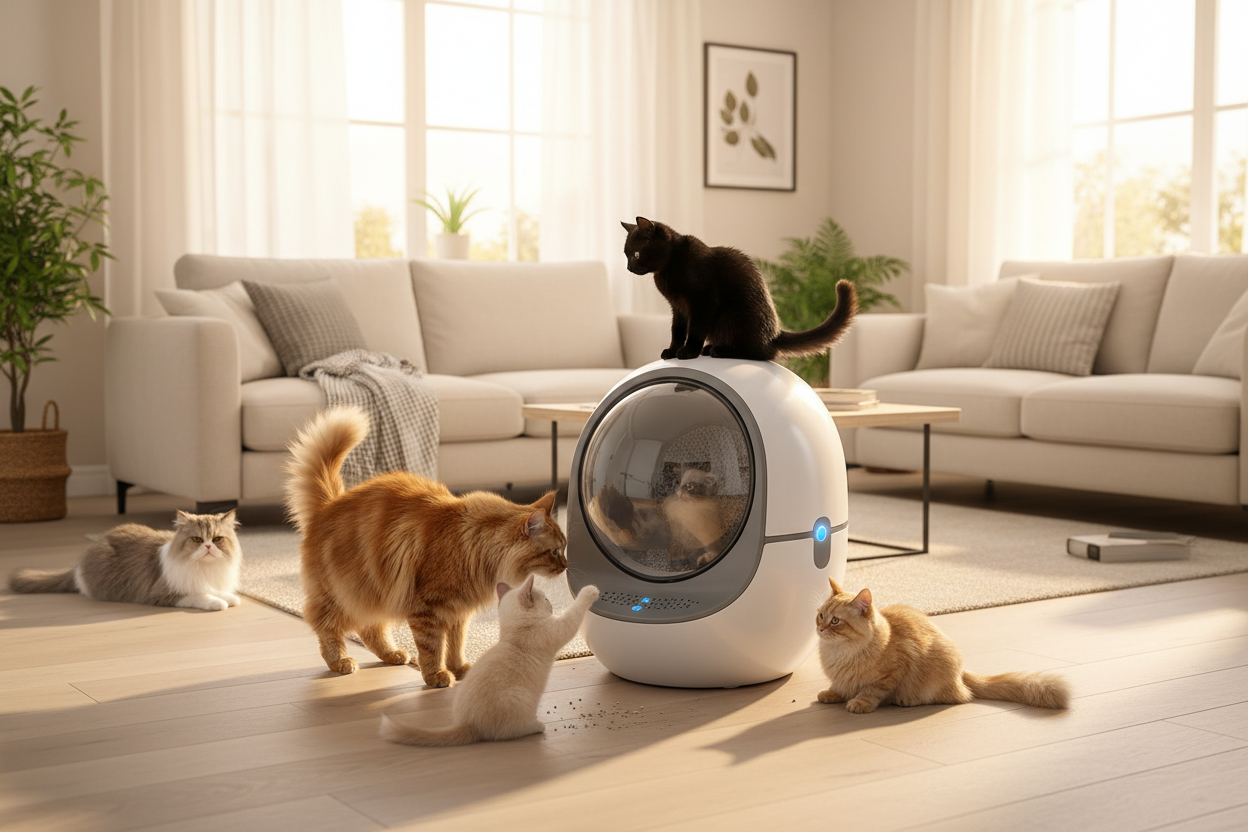 Multiple cats using large capacity automatic self-cleaning litter box