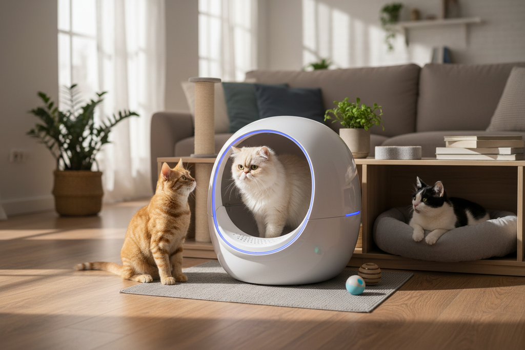 Multiple cats using BCHARYA automatic litter box in spacious living room